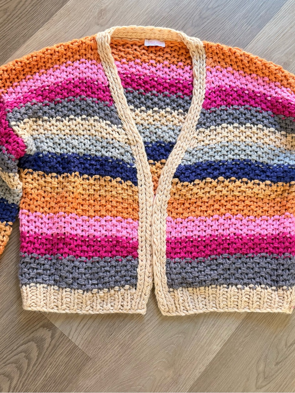 Pink Lily Striped Crochet Cardigan in Pink, Orange & Navy